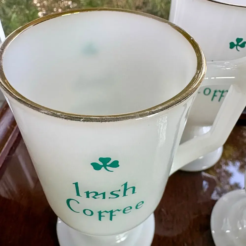 Vintage Irish Coffee Milk Glass Mugs Set of 4 Gold Rim, St. Patrick's Day